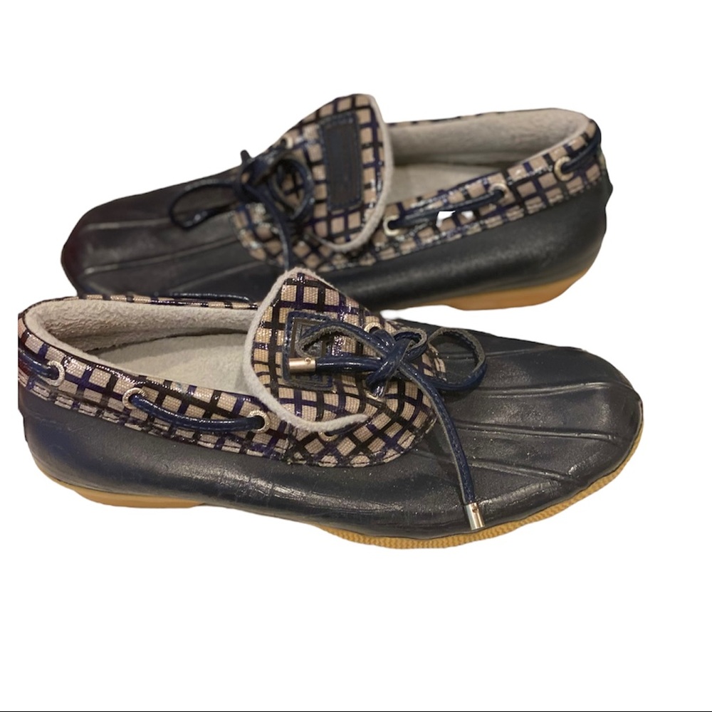 Sperry Topsiders Rain Duck Boots Low Top Blue Gray Gingham Plaid 7 Waterproof